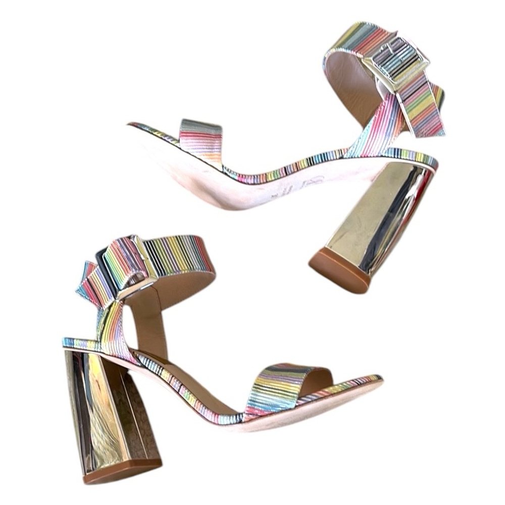 Dee Keller Rainbow Mirrored Silver Chunky Block Heel Ankle Wrap Sandals - 6 / 36
